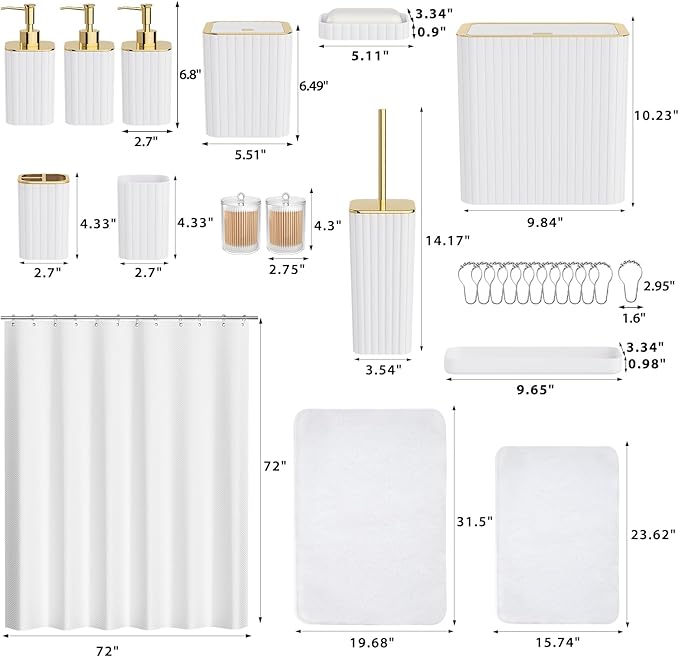 Bathroom Accessory Set - Bathroom Set, 27PC Bathroom Accessories Set, White Bathroom Sets with Shower Curtain and Rugs, Mini Trash Can, Toilet Brush, Trash Can & Soap Dispenser