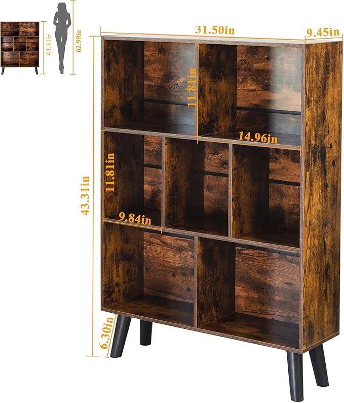 LEYAOYAO Cube Bookshelf, Mid-Century Modern Book Shelf with Legs, Brown | 3 Tier Bookcase, Rustic Wood Bookshelves, Freestanding Small Storage Organizer, Open Shelves for Bedroom, Living Room, Office