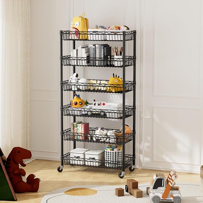 Golpart 6 Shelves Storage Shelf Wire Closet Bathroom Organizers Metal Pantry Kitchen Garage Shelving Unit Laundry Room Organization Home Rack Net Basket Black with Wheels 30" Dx14 Wx65 H