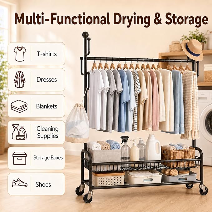 Rolling Clothes Drying Rack with Lockable Wheels, Heavy Duty Metal Laundry Drying Rack with 5 Hooks and 2-Tier Drying Shelves, Drying Rack Clothing for Indoor and Outdoor Use