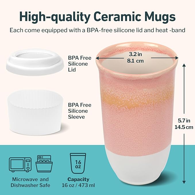 NOVA CERAMICS Travel Mug On the Go Coffee Mug Microwave & Dishwasher Safe Green Tumbler - Gifts For Women Men 16oz Afterglow