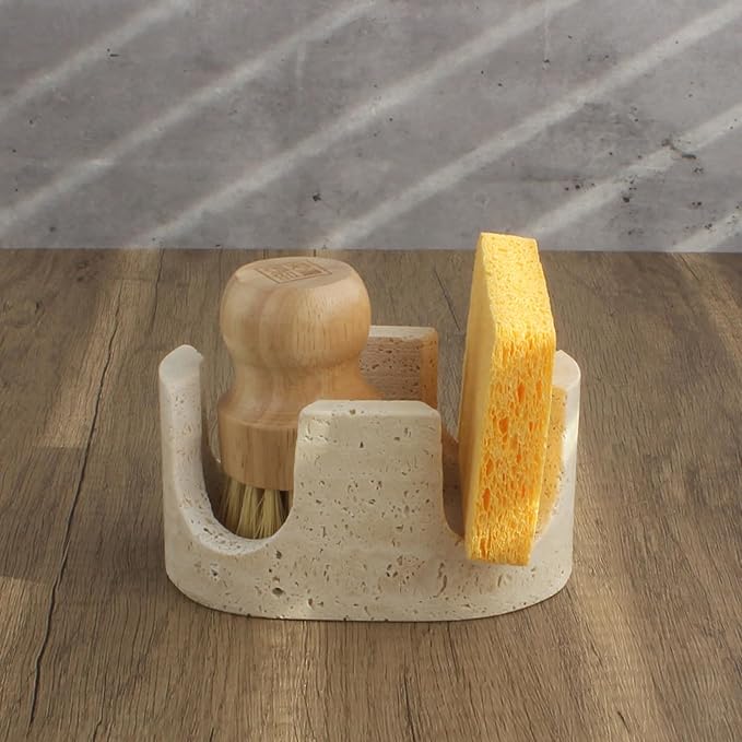 Nawgnail Natural Travertine Marble 2-Slot Sponge Holder for Kitchen Counter, 2-in-1 Stone Drying Rack, Sponge Caddy for Sink Organizer - Beige Travertine