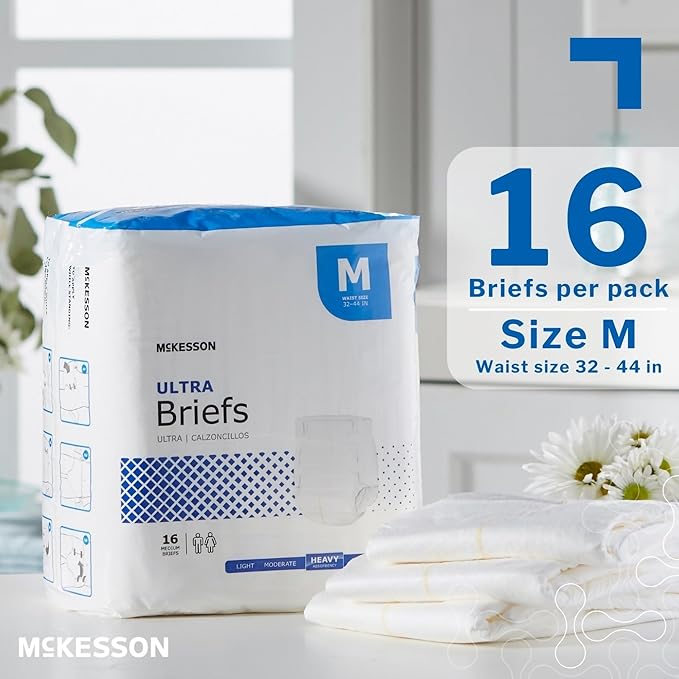 McKesson Ultra Briefs, [16 Count], Size M, 32-44 in. Incontinence Adult Diapers, Heavy Absorbency, Unisex, Disposable, Elastic Leg Gathers and Contoured Fit for Men and Women