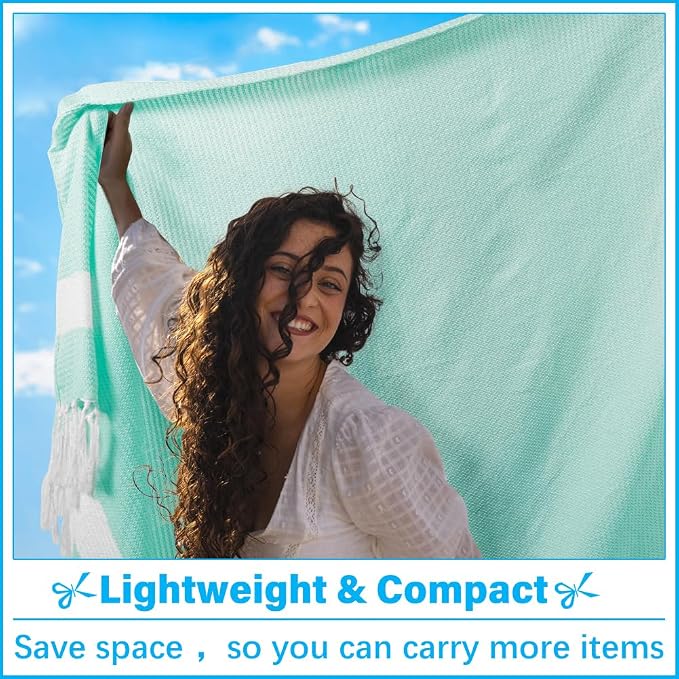 Vikumond Turkish Beach Towel Blanket Oversized 88x82 Inch Quick Dry Aqua | Lightweight Compact Portable Sand Free Absorbent Boho Woven Throw for Pool Swimming Picnic Camping Cruise Outdoor Essentials
