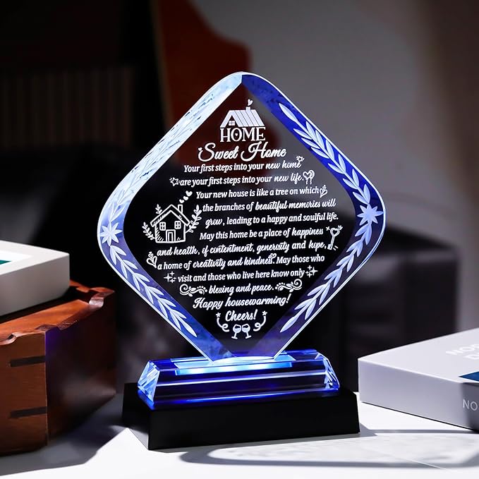 Arikyrist Crystal New Home Gifts for Women Men Housewarming Gift for Friends with LED Light Base Sweet House Warming Ideas Keepsakes for Couples Home Decoration