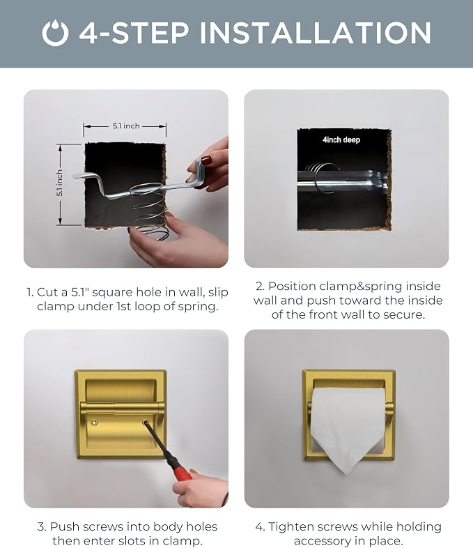 FORIOUS Recessed Toilet Paper Holder, Stainless Steel Durable Tissue Roll Holder Wall Mount for Bathroom Space Saving Design with Mounting Bracket, in Wall Toilet Paper Dispenser Insert, Gold
