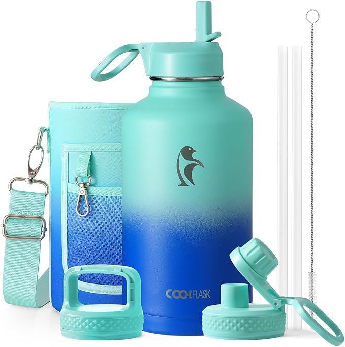 Insulated Water Bottle 64 oz with Straw & 3 Lids, Coolflask Half Gallon Water Jug Large Metal Stainless Steel Wide Mouth for Sports, Gym or Office, Non-BPA Keep Cold 48H Hot 24H, Pacific Prince