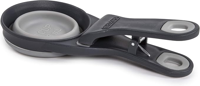 Dexas Popware for Pets Collapsible Klip Scoop, 3-in-1 Pet Food Scoop, Measuring Cup and Bag Clip, 1/2 Cup Capacity, Light Gray