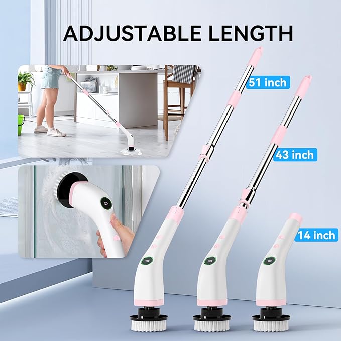 Electric Bathroom Cleaning Brush, Cordless Spin Scrubber Full Body Waterproof IPX7 with Adjustable Handle, 8 Replaceable Brush Heads for Bathtub/Kitchen/Window/Home -SD-CTB01