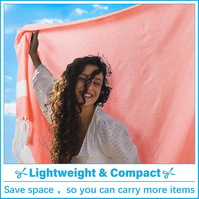 Vikumond Turkish Beach Towel Blanket Oversized 88x82 Inch Quick Dry Coral | Lightweight Compact Portable Sand Free Absorbent Boho Woven Throw for Pool Swimming Picnic Camping Cruise Outdoor Essentials