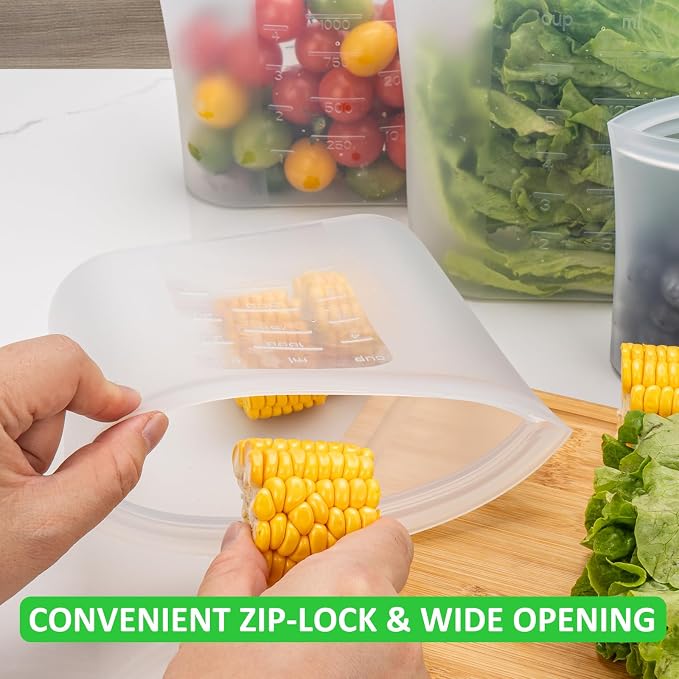 100% Platinum Silicone Reusable Food Storage Bags, 4 Pack, 34fl.oz/1000ml | Premium Silicone Reusable Storage Bag, Stand-Up Wide-Mouth Ziplock, Small Size, Freezer Microwave Dishwasher Safe, Clear