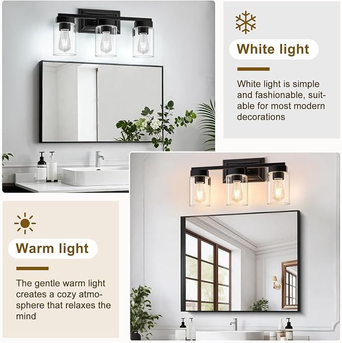 EJIAXIN Bathroom Lights Over Mirror, 3 Light Bathroom Light Fixtures with Clear Glass Shade Modern Matte Black Vanity Lights Lighting for Bathroom, Mirror, Living Room, Bedroom, Hallway