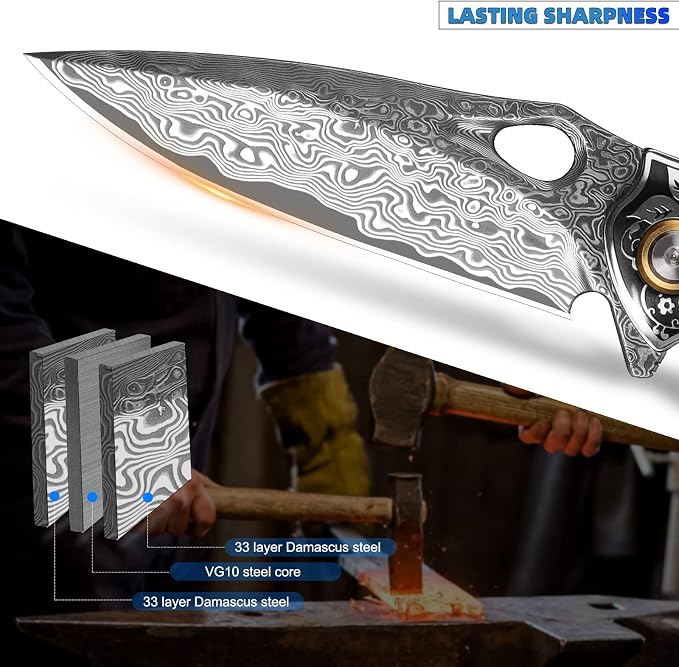 handmade Japan Damascus steel pocket knife，3.1" VG10 blade men and women Folding knife，With holster，Lining lock，resin and Maple handle，Suitable for EDC outdoor camping，go fishing hunting