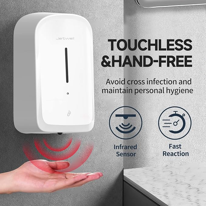 JETWELL Touchless Wall Mount White ABS Plastic Soap Dispenser 34OZ/1000ML | Large Capacity, Battery Powered, Liquid Soap, Commercial & Home Use