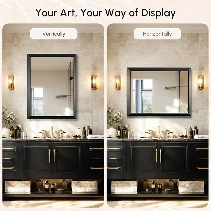 USHOWER 30x40 Inch Floating Bathroom Mirror - Brushed Black Wall Mirror for Over Sink, Beveled Aluminum Frame, Anti-Rust, Rectangular HD Reflection Large Vanity Mirror(Copper-Free Silver Coating)