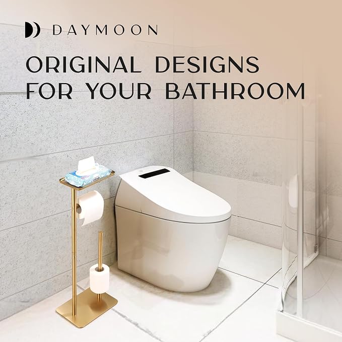 Day Moon™ - Toilet Paper Holder - Modern Roll Holder for Bathroom - 1 Pack - Free Standing - with Shelf, Gold