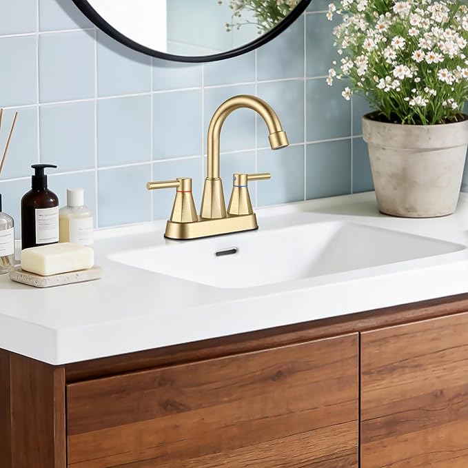 Bathroom Faucet 3 Hole Brushed Gold, 4 Inch Bathroom Sink Faucet Centerset with Pop Up Drain, Double Handle Vanity Faucet 3 Hole with 360° Swivel Spout, Rv Bathroom Sink Faucet