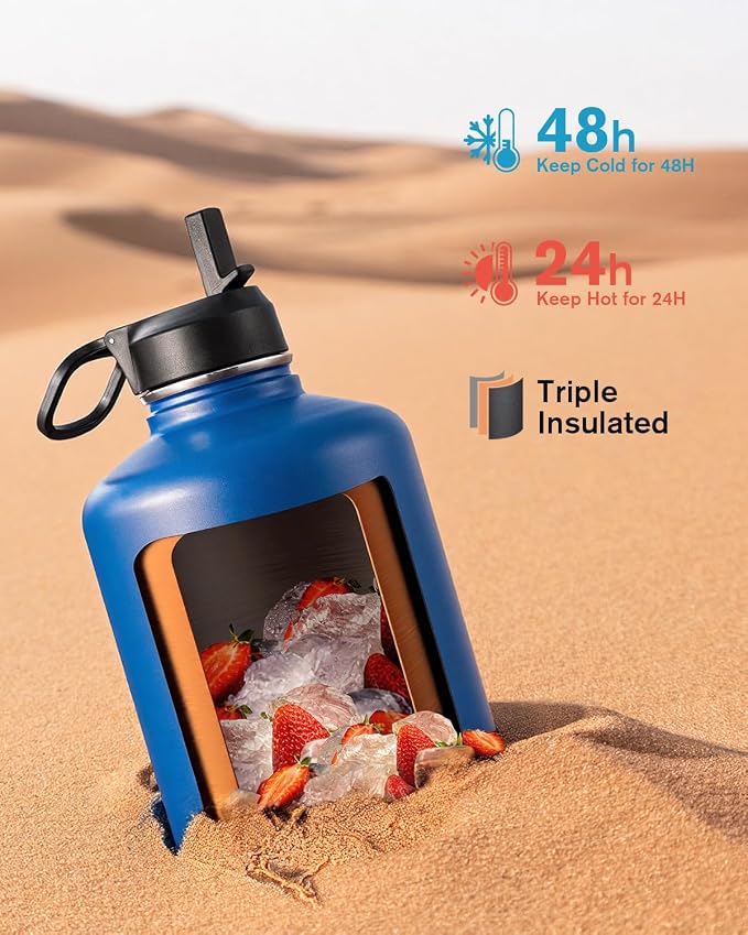Coolflask 128 oz Gallon Water Bottle Insulated with Straw&3 Lids, Water Jug Large Stainless Steel Metal Vacuum Wide Mouth for Sports, Gym or Office, Non-BPA Keep Cold 48H Hot 24H, King's Blue