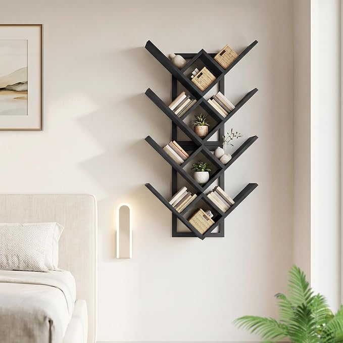 HOOBRO Floating Shelves for Wall, Set of 2 Wall Mounted Shelves, 2-Tier Wooden Tree Bookshelf, Hanging Shelves Storage Rack, for Living Room, Kitchen, Office, Black BB54BJP201