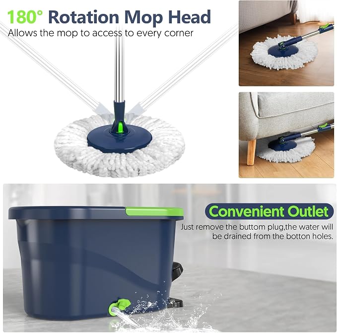 Spin Mop and Bucket with Wringer Set, 360° Rotating Microfiber Mop, Adjustable Handle, Hands-Free Wringing, Reusable Mop Heads (Green mop and Bucket + 3 mop Head)