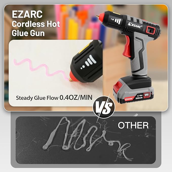EZARC Cordless Hot Glue Gun, 15s Fast Heating 12V Mini Glue Gun for DIY Crafts, Home Repairs, School Projects, Decorations, with 50 Glue Sticks (30 Clear & 20 Colored)