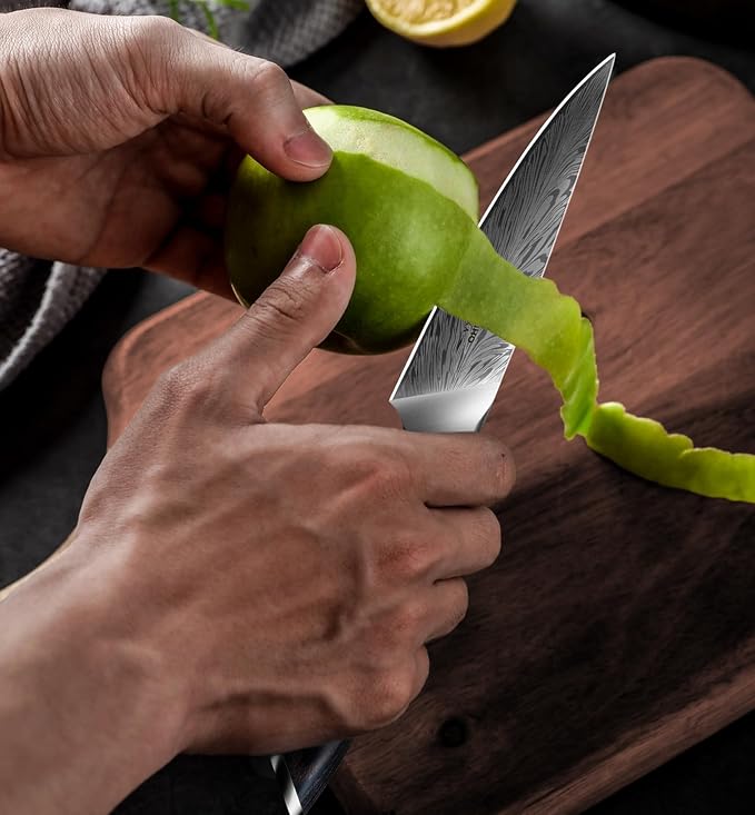 Kitchen Paring Knife 4“, Japanese Powder Steel 63 HRC | Fruit Knife for Peeling & Coring Razor Sharp 12° Edge Vegetable Chopper with Pakkawood Handle