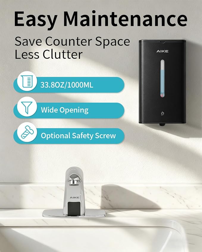 AIKE Automatic Foam Soap Dispenser 33.8oz for Bathroom,Matteblack AK1207FA | Rich Foam and Steel Finish,5-Level Adjustable and Key for Commercial(Battery Not Included),Screw Wall Mount for Space-Saving