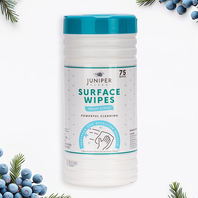 Juniper CLEAN 4 Pack Surface Cleaning Wipes Bleach Free, All-Purpose Cleaner for Bathroom, Kitchen, Office, 300 Count Canister, 7.5" x 7" Sheet, Fresh Scent, Lint Free & Durable