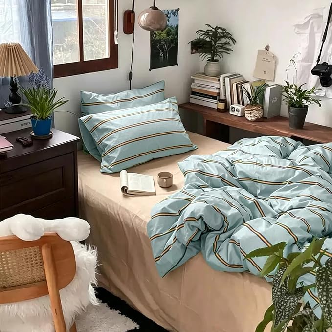 mixinni Retro Mint Blue Striped Duvet Cover Set - 100% Natural Cotton 3-Piece Vintage Stripes Pattern Printed Bedding Set, Soft Breathable Comforter Cover with Zipper Closure & Corner Ties, Queen Size