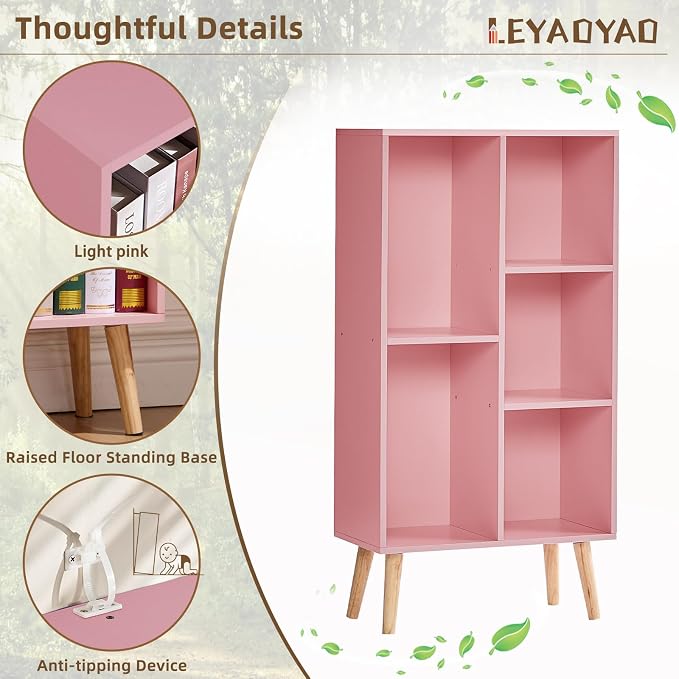 LEYAOYAO 5 Cube Bookshelf,Mid-Century Modern Bookcase with Legs,Light Pink | 3 Tier Book Shelf,Rustic Wood Bookshelves Freestanding Small Storage Organizer, Open Shelves for Bedroom, Living Room, Office