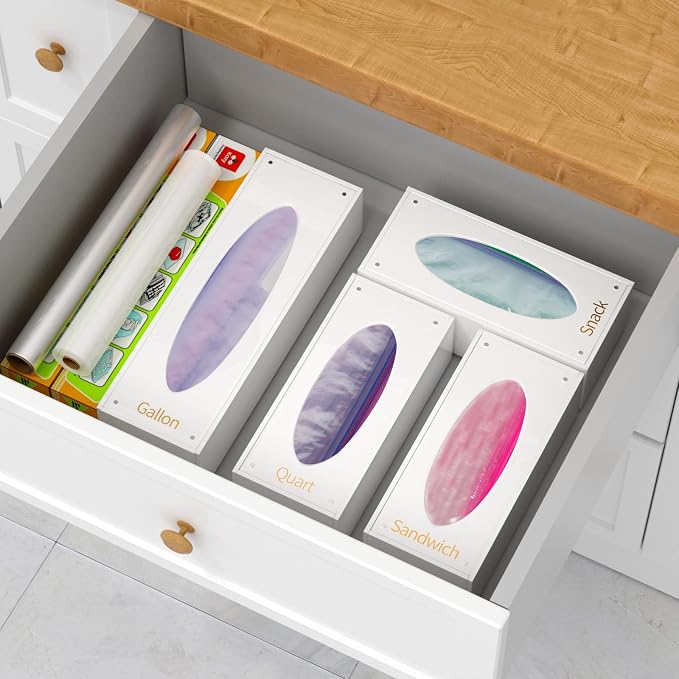 FEMELI Food Bag Storage Organizer Acrylic Kitchen Drawer Baggie Box White | 4 Separate Pack Compatible with Gallon, Slider Quart, Freezer, Sandwich, Snack, Variety Size Bags