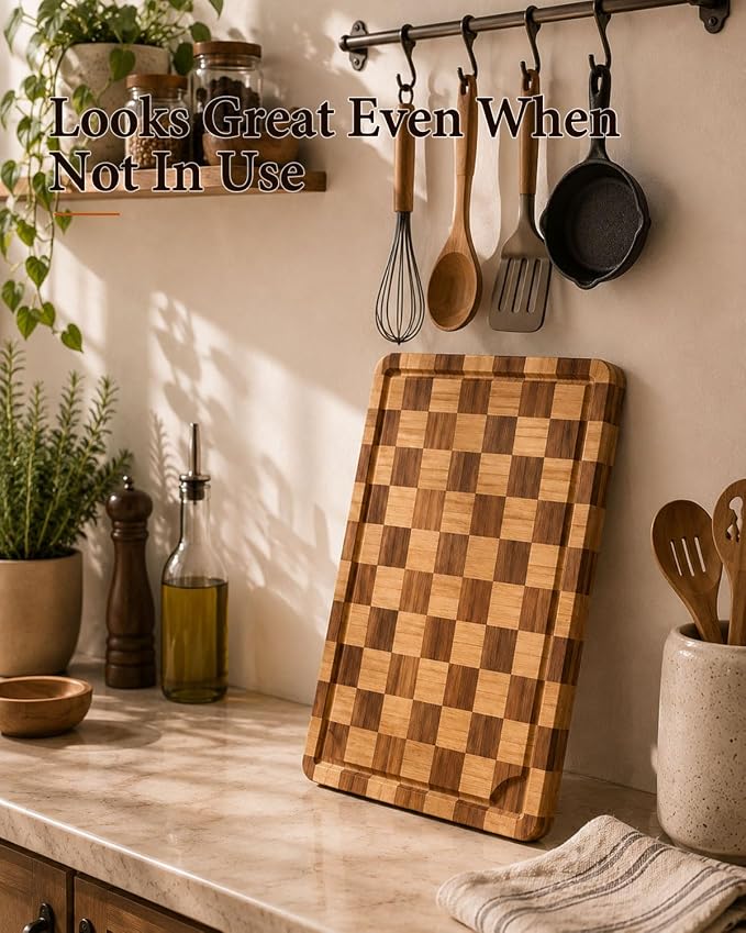 Wood Cutting Board,Heavy Duty End Grain Butcher Block Bamboo Cutting Boards for Kitchen with Deep Juice Grooves and Handles for Meat, Cheese, Charcuterie and Gifting