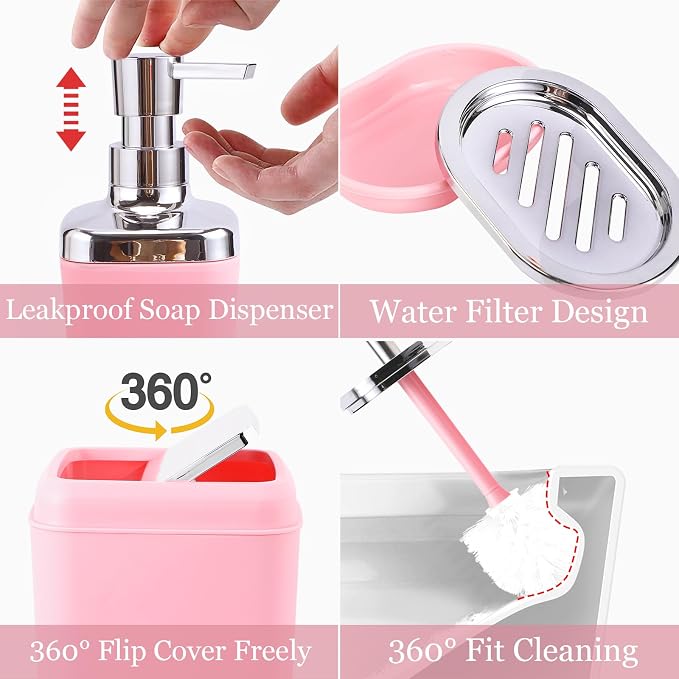 XLHOMO Bathroom Set, 9PC Bathroom Accessory Set, Pink Bathroom Accessories, Pink Bathroom Set, Trash Can, Soap Dispenser for Home Decor