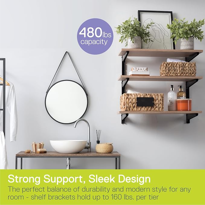 Minimalistic Black Shelf Brackets by Delta Cycle, Set of 6 Fully Adjustable 12-inch Heavy Duty Shelf Brackets, Holds Up to 480 lbs, Modern Shelf Bracket for Wood Shelves