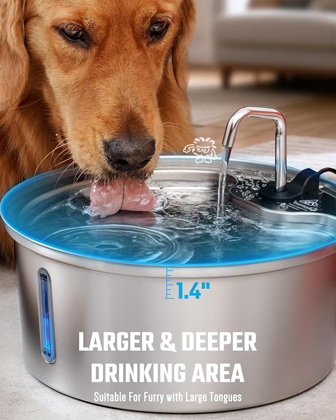 Dog Water Fountain Stainless Steel, 7L/1.8Gal Pet Fountain Water Bowl with Multi-Filtration & Deeper Drinking Aera, Large Cat Water Fountain with Water Window & LED (2 Filters 1 Fountain)