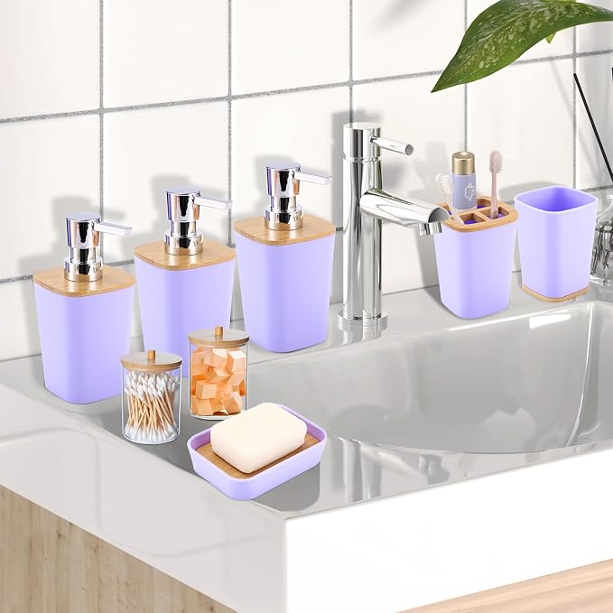 XLHOMO Purple Bathroom Accessories, Bathroom Accessories Set with Trash Can, Soap Dispenser, Toothbrush Holder, Toothbrush Cup, Soap Dish, Toilet Brush, Tray and Q-tip Holders for Housewarming