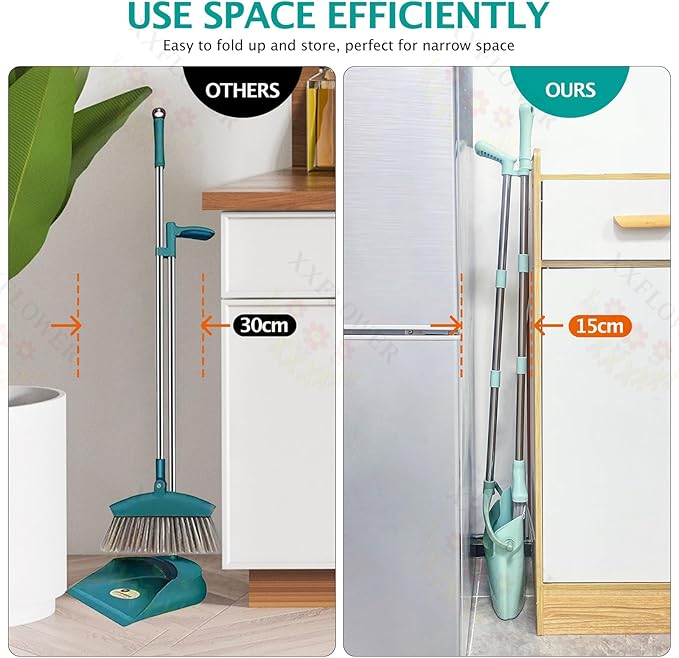XXXFLOWER Broom and Dustpan Set with Cleaning Teeth+Self-Wringing Twist Mop for Floor Cleaning, 57” Long Handle Heavy Duty Microfiber Mop for Wet Mopping on Tile, Hardwood, Kitchen, Bathroom