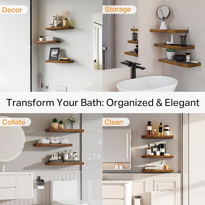BAYKA Bathroom Floating Shelves for Wall Set of 3 - Rustic Brown Farmhouse Wood Shelves Over Toilet for Bedroom, Kitchen, or Living Room Decor Display, Storage for Plants, Toilet Paper or Bath Towels