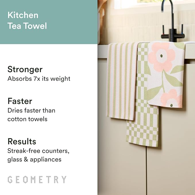 GEOMETRY Tea Towels – Spring & Summer Collection – Quick-Dry, Ultra-Absorbent, Reusable Microfiber Kitchen Towels for Drying & Cleaning - Meadowlight - 3 Pack