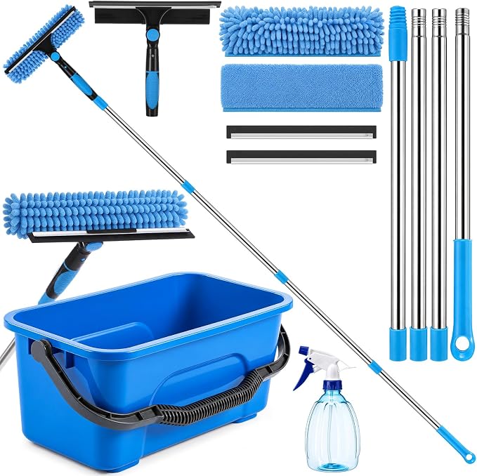 Window Cleaning Kit with Bucket 71" Long Handle 4-in-1 Rotatable Window Squeegee and Microfiber Scrubber Pads High Windows Washing Tool for Commercial Home Outdoor Car