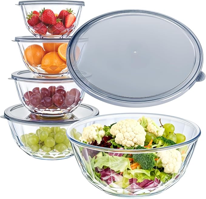 Luvan 5-Piece Glass Mixing Bowls Set with Lids - Clear Salad Bowls with Lids Set, Diamond Pattern Large Glass Mixing Bowl for Baking Prep, Serving & Storage