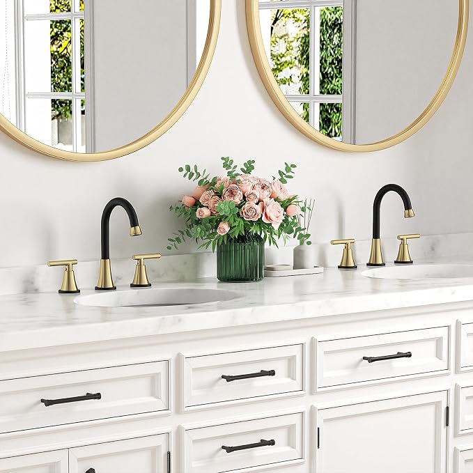 Bathroom Faucets for Sink 3 Hole, Hurran Black& Gold Bathroom Sink Faucet with Pop-up Drain and Supply Lines, Stainless Steel Lead-Free Widespread Faucet for Vanity RV Farmhouse Sink