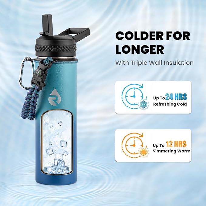 RAYMYLO Insulated Water Bottle 20 oz, Triple Wall Vacuum Stainless Steel (Cold for 24Hrs, Hot for 12Hrs), Leak Proof & Non-BPA, Modern Water Bottle Jug for School with Straw Spout Lids
