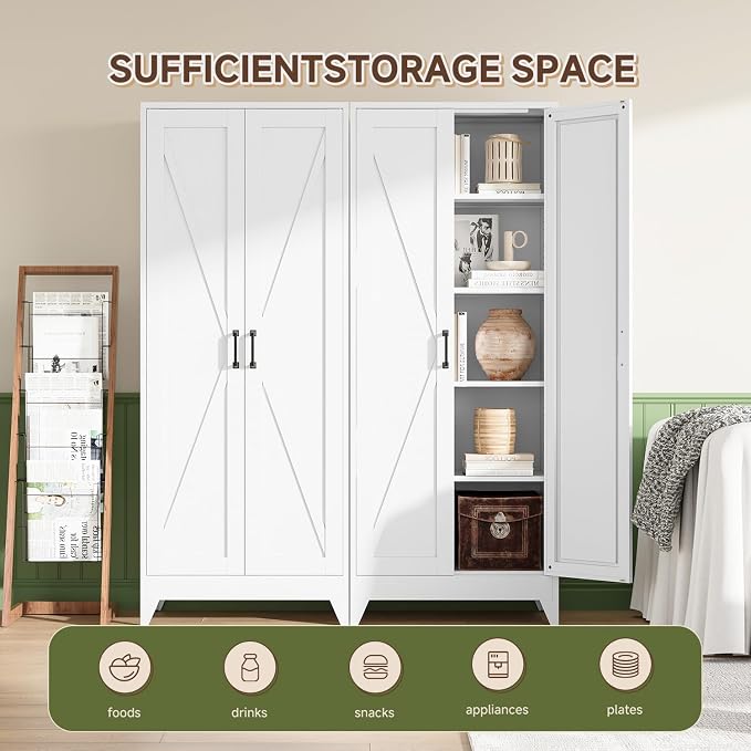 75" H Metal Storage Cabinet with 2 Doors and 4 Shelves,Tall Kitchen Pantry Cabinets,Farmhouse Utility Pantry Organizers for Cupboard/Dining/Bathroom/Home Office/Garage,White