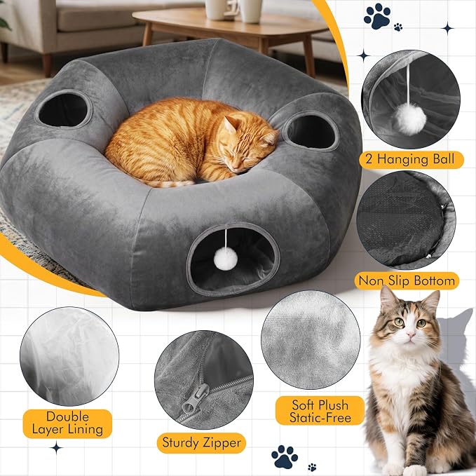 Cat Tunnel with Bed, Large Foldable Pet Donut Tunnel Interactive Cat Toys | Plush Cat Play Tunnel Toys with Ball, Peekaboo Cave Bed Cat Tunnel for Large Cats, Kittens, Rabbits, Puppies - Grey