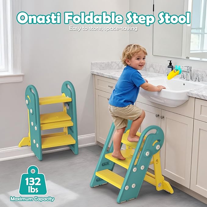 Onasti Folding Step Stool with Adjustable Height, 3-Step Converts to 2-Step, Sturdy Anti Slip Bathroom Step Stool for Toilet, Bathroom Sink, Kitchen Counter, Space Saving Design for Home Use- Green