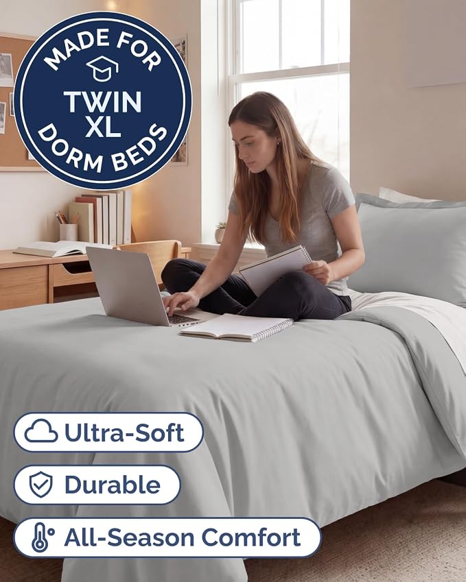 Duvet Cover Twin/Twin XL Size Set - Extra Soft Twin/Twin XL Duvet Cover 68" x 90" with 1 Pillow Sham for Women, Men, Kids & Teens - Comfy, Easy-Care & Fade Free w/ Zipper Closures & Ties (French Grey)