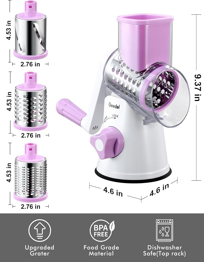 Geedel Rotary Cheese Grater, Kitchen Mandoline Vegetable Slicer with 3 Interchangeable Blades, Easy to Clean Rotary Grater Slicer for Cheese, Vegetables, Nuts