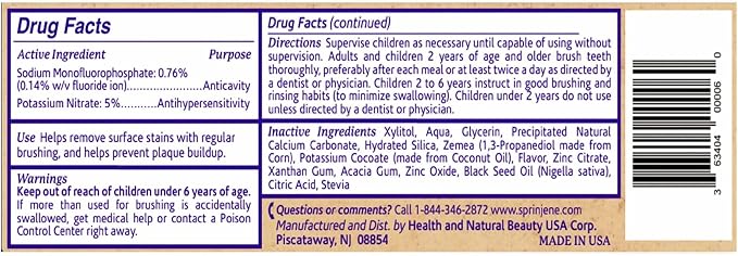 SprinJene Natural Sensitivity Relief Toothpaste – Fluoride Toothpaste for Sensitive Teeth & Cavity Protection – SLS Free with Patented Black Seed Oil & Zinc – Made in the USA (2 Pack)