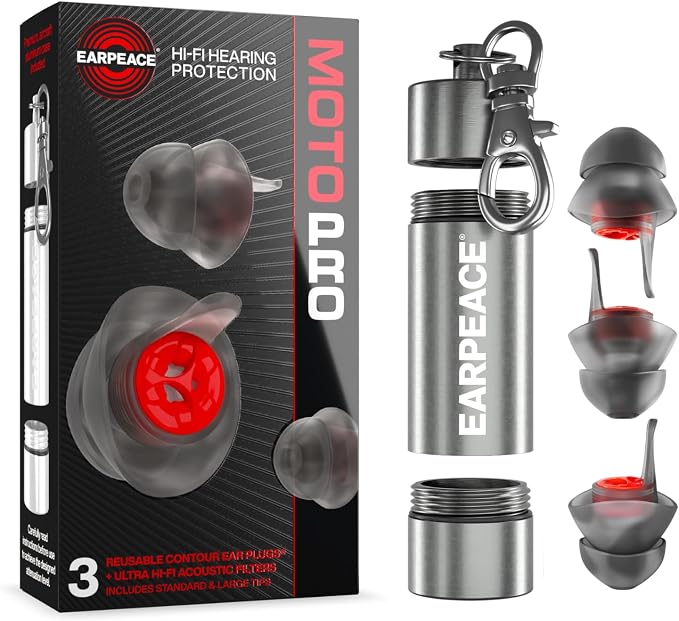 EARPEACE Moto PRO - Motorcycle Ear Plugs - Reusable Earplugs for Wind Noise Protection with High Fidelity Filter - Noise Canceling up to 24dB - Motorcycle Accessories - Includes Filter Set and Case